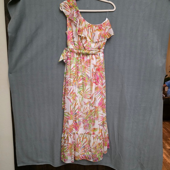 Tacera Dresses & Skirts - One Shoulder Maxi Dress M Tropical Summer Resortwear Belt Chiffon Wedding Guest